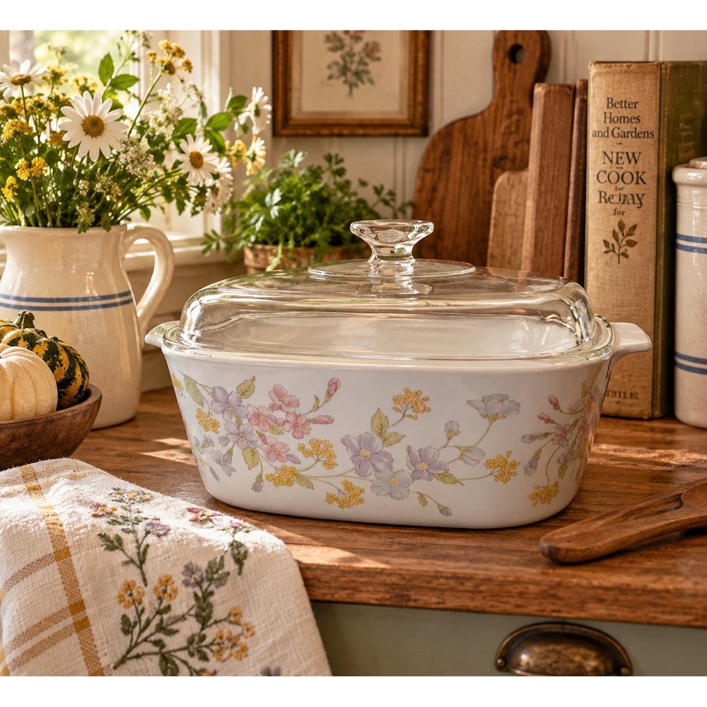Vintage Corning Ware Pastel Bouquet 5L Casserole Dish A-5-B with Glass Lid A12-C